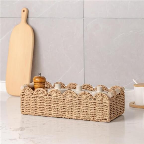 Neutral scalloped edge storage basket small woven bin for bathroom decor - Picture 6 of 7